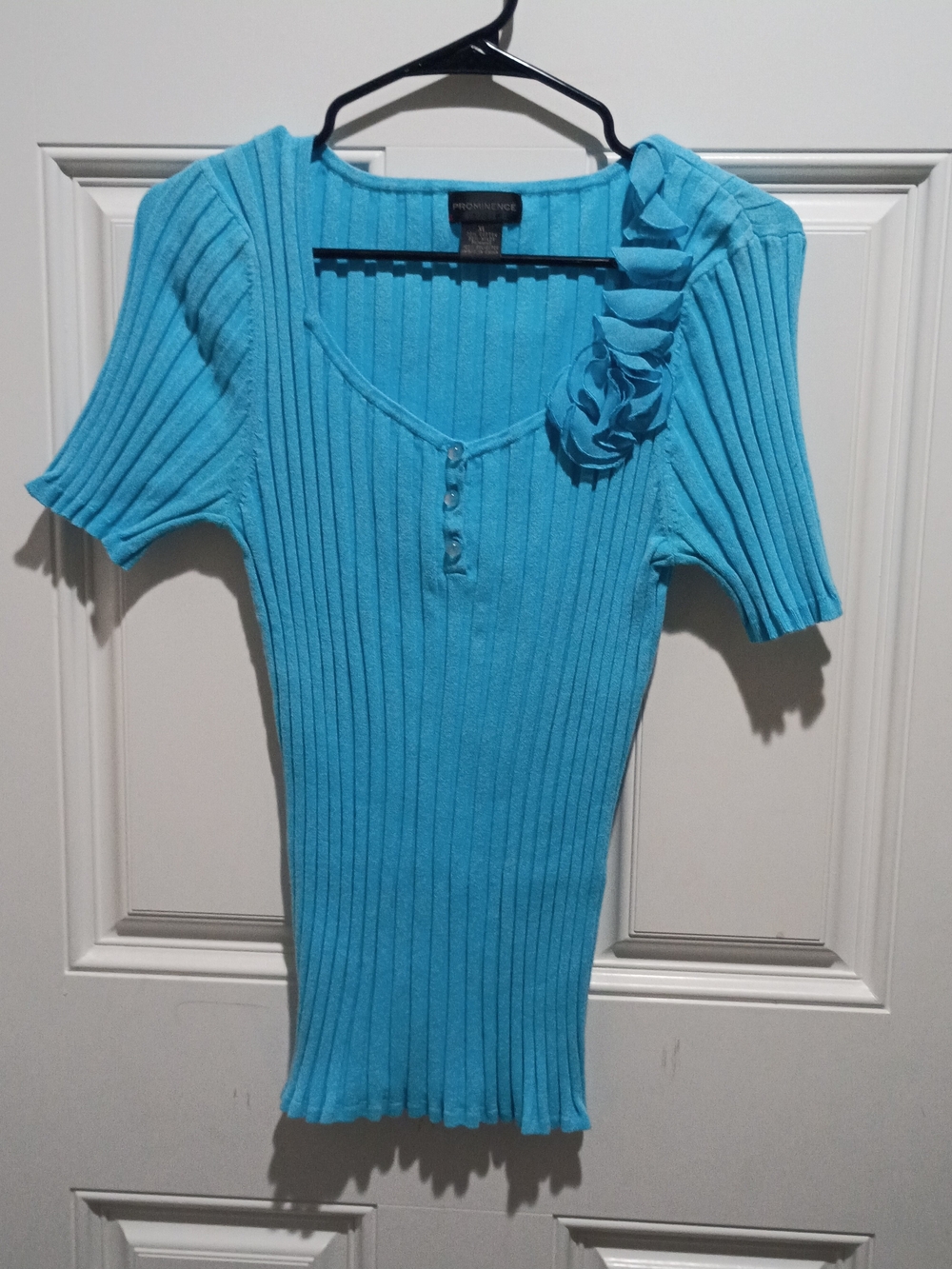Bright Blue Ribbed Short-Sleeve Top with Shoulder Rosette - Women